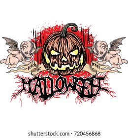 Halloween T-shirt design with pumpkin and angels