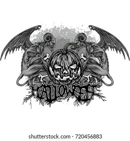 Halloween T-shirt design with pumpkin and demons