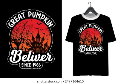 Halloween T-shirt design. Pumpkin Professional Halloween T-shirt template. Vampire Costume T-Shirt Funny Halloween Party Illustration print on shirt. great pumpkin Beliver vector design