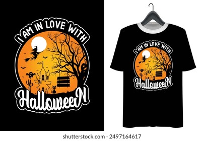 Halloween T-shirt design. Pumpkin Professional Halloween T-shirt template. Vampire Costume T-Shirt Funny Halloween Party Illustration print on shirt. i am in love with Halloween 