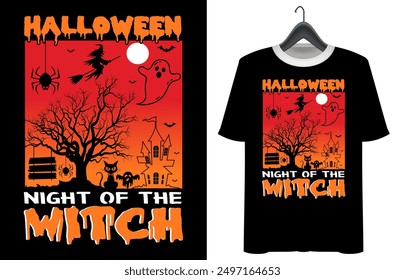 Halloween T-shirt design. Pumpkin Professional Halloween T-shirt template. Vampire Costume T-Shirt Funny Halloween Party Illustration print on shirt. Halloween night of the witch t shirt