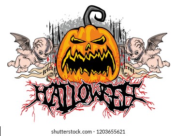 Halloween T-shirt design with pumpkin and scary angels