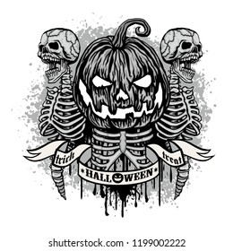 Halloween T-shirt design with pumpkin and skull