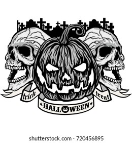 Halloween T-shirt design with pumpkin and skull