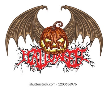 Halloween T-shirt design with pumpkin and wings