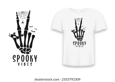 Halloween t-shirt design with skeleton hand, spider and web, bat, cat and slogan - spooky vibes. Graphics for tee shirt and apparel print for Halloween. Vector illustration.