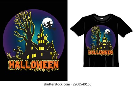 Halloween T-Shirt Design Template. Halloween T-Shirt with Night, Moon, Witch. Night background T-Shirt for print.