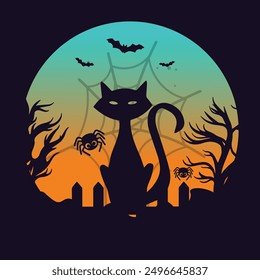 Halloween T-Shirt Design Vector, Features a spooky black cat with arched back, a full moon, and scattered autumn leaves. Easy to print and suitable for men, women, and children.