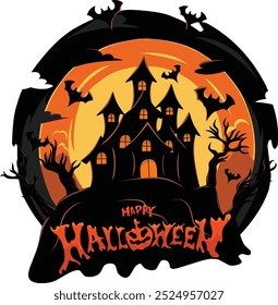 Halloween T-Shirt Design Vector Illustration featuring a haunted house silhouetted against an orange full moon