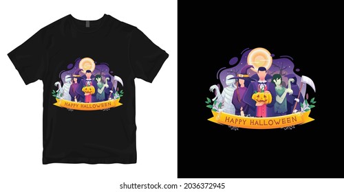 Diseño de camisetas de Halloween. Impresión vectorial, tipografía, Halloween, afiche, huella, emblema. Swatches globales.