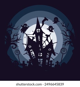 Halloween T-Shirt Design Vector, Showcases a haunted house with glowing windows, and eerie ghosts. The design is versatile and easy to print, suitable for men, women, and children.