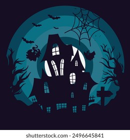 Halloween T-Shirt Design Vektor, gespenstisches Grinsen, umgeben von Fledermäusen und Sternen. Leicht zu drucken und perfekt für Männer, Frauen und Kinder.