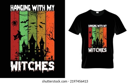 
Halloween t-shirt design vector template- Hanging with my witches.
Vector design of pumpkin, witch, grave, moon and scary night. Scary easy printable t shirt design for men. women and child.