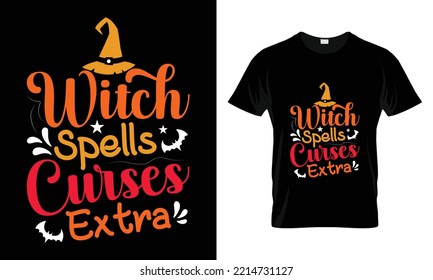 Halloween t-shirt design vector template- witch spells curses extra.
Vector design of pumpkin, witch, grave, moon and scary night. Scary easy printable t shirt design for men. women and child.