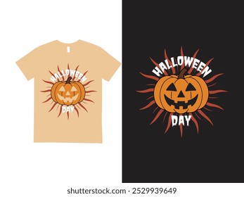 Halloween t-shirt design vector template. red sun, yellow pumpkin, with text Halloween day