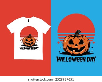 Halloween t-shirt design vector template. red sun, yellow pumpkin, with text Halloween day