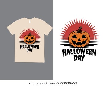 Halloween t-shirt design vector template. red sun, yellow pumpkin, with text Halloween day