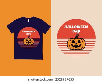 Halloween t-shirt design vector template. red sun, yellow pumpkin, with text Halloween day