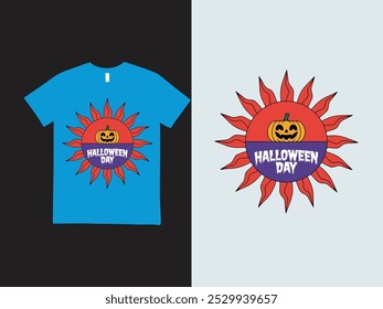 Halloween t-shirt design vector template. red sun, yellow pumpkin, with text Halloween day