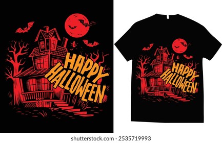 Halloween t-shirt design Vector Template. Halloween tshirt design, Spooky, autumn, witches, hat, scary, tree, bat,full moon, pumpkin, silhouette