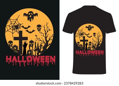 Halloween T-shirt, Scary Halloween t-shirt design vector with ghost, pumpkin, haunted house, moon, grave, cat, bat etc.