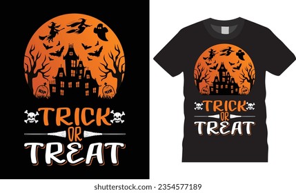 Halloween t-shirt trick or treat night party graphic vector t-shirt template design.cute spooky horror house trees Scary Boo Ghost witch season white background isolated illustration print for ready