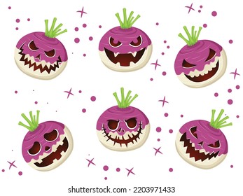 Halloween Turnips Carved Scary Face Set Collection. Concept Cartoon Halloween Day Elements. Vector Illustration For Holiday. Hand drawn halloween