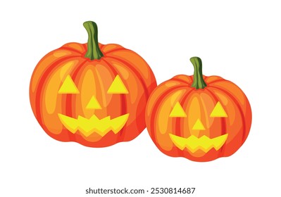 Halloween two pumpkins in cartoon style. Vector illustration of funny orange pumpkins with slits for eyes, nose, mouth, isolated on white background. Jack-o'-lantern. Halloween symbol.