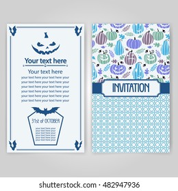 halloween two sides flyer or poster. Party invitation with pumpkins and bats in blue colors