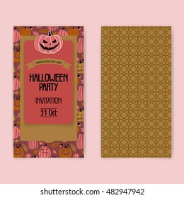 halloween two sides flyer or poster. Party invitation with pumpkins and bats in pink colors