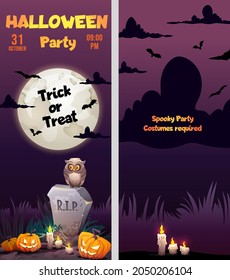 Halloween two sides poster, flyer design, gravestone tomb, old owl, candles and scary pumpkins in cemetery. Invitation mockup for Halloween party, place for your text. Vector cartoon illustration 