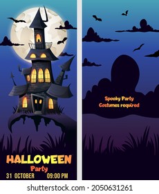 Halloween two sides poster, flyer design, haunted house, and full moon background. Flyer or invitation mockup for Halloween party, place for your text. Vector cartoon illustration game style