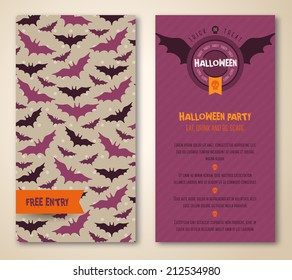 Halloween two sides poster or flyer. Vector illustration. Party invitation with bats. Place for your text message. Menu design.