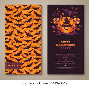 Halloween two sides poster, flyer or menu design. Vector illustration. Scary party invitation with pumpkin and bats pattern. Place for your text message.