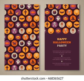 Halloween two sides poster, flyer or menu design. Vector illustration. Scary party invitation with holiday flat icons in circles. Place for your text message.