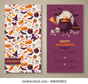 Halloween two sides poster, flyer or menu design. Vector illustration. Scary party invitation with witch hat, cauldron and pattern. Place for your text message.