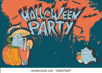 Halloween. Two sweet, good monsters are sitting on a pumpkin under a cocktail umbrella with a glass of juice.

