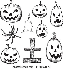Halloween two-tone objects. Different Jack-o'-Lantern pumpkins, cross (tomstone) candle and creepy spider.