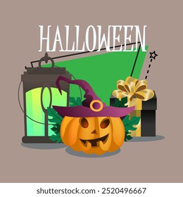 Halloween typed text with pumpkin lantern in hat, vintage lantern, gift box. Lettering, calligraphy. Holiday, celebration concept. Vector illustration for invitation, banner or poster design