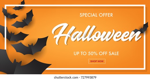 Halloween typography with black bat paper art sale banner.Vector illustration.