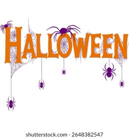 Halloween typography clipart with orange spooky text, purple spiders, and spider webs. Transparent background for easy use in Halloween designs and decorations.