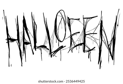 Tipografía de Halloween cubierta de Web de araña. Ilustración de arte de Clip dibujado a mano para carteles, impresiones, camisetas y redes sociales.