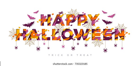 Halloween typography design with abstract color paper cut shapes and icons. Vector illustration. Trick or Treat poster concept with spider web or cobweb