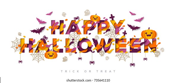 Halloween typography design with abstract color paper cut shapes and icons. Vector illustration. Trick or Treat poster concept with Orange Pumpkin, Bats, Spider Web and Skull