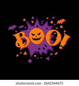 Halloween typography design featuring bold orange text reading Boo with a spooky pumpkin face and flying bats on a dark background, ideal for vector greeting cards and poster illustrations
