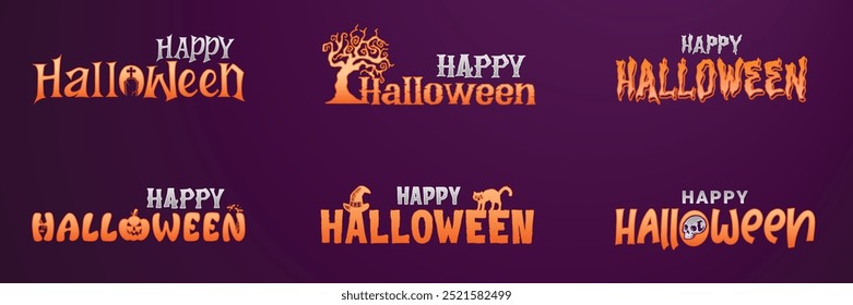 Halloween typography design set with 'Happy Halloween' texts in Spooky fonts. Creepy, horror-themed text designs in 3D style. Includes Halloween themed icons with text. Vector Illustration.