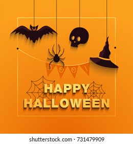 Halloween typography design with spider web. Halloween square frame with cute characters. Bat, spider, witch hat and skull in flat design. Halloween background or trick o treat poster concept. Vector.