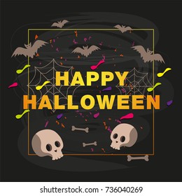 Halloween typography design with spider web and colorful splash. Halloween square frame with skull and bats. Halloween flat design. Halloween background or trick o treat poster concept. Vector.
