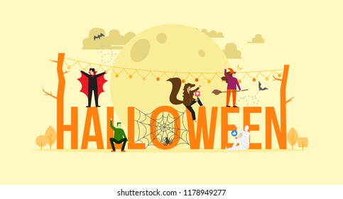 Halloween typography with a ghost party. Tiny Flat People Character Concepts Vector Illustration, Suitable For Wallpaper, Banner, Background, Card, Book Illustration, And Web Landing Page Concept