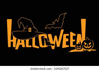 Halloween Typography with Hat, Bats and Pumpkins in yellow and black colors